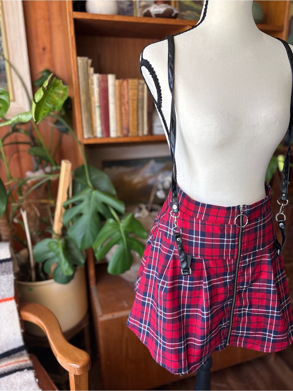 GOTH PUNK GRUNGE Red Plaid Suspender Pleated Cotton Mini Skirt O-Ring Zipper M - Picture 3 of 6